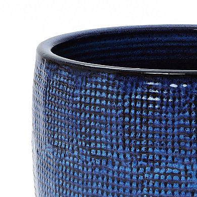 LuxenHome 12-Inch Round Ceramic Planter, Deep Blue Glaze with Basket Texture