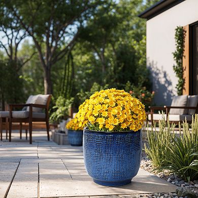 LuxenHome 12-Inch Round Ceramic Planter, Deep Blue Glaze with Basket Texture