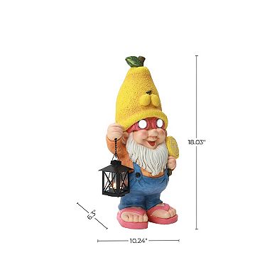 LuxenHome 18" Solar Powered Garden Gnome Outdoor Statue with Lantern, Lemon Hat Gnome Sculpture