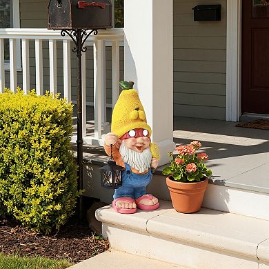 LuxenHome 18" Solar Powered Garden Gnome Outdoor Statue with Lantern, Lemon Hat Gnome Sculpture