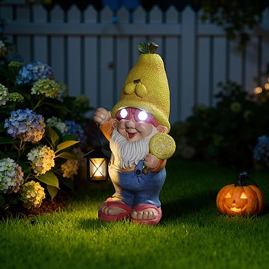 LuxenHome 18" Solar Powered Garden Gnome Outdoor Statue with Lantern, Lemon Hat Gnome Sculpture