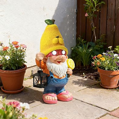 LuxenHome 18" Solar Powered Garden Gnome Outdoor Statue with Lantern, Lemon Hat Gnome Sculpture