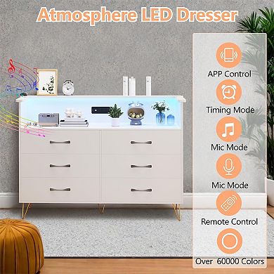 6-Drawer Storage Tower with USB Charging & LED Lights Modern Bedroom Chest Organizer