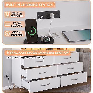 6-Drawer Storage Tower with USB Charging & LED Lights Modern Bedroom Chest Organizer