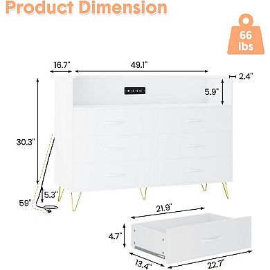 6-Drawer Storage Tower with USB Charging & LED Lights Modern Bedroom Chest Organizer