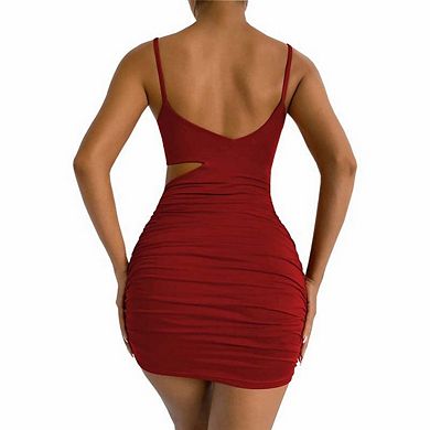 Women's Cut Out Twist Knot Front Ruched Bodycon Tank Sleeveless Mini Dress
