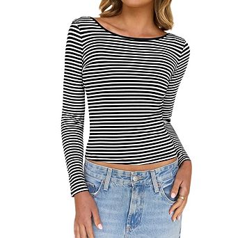 Long Sleeve Shirt for Women Backless Striped Tops Going Out T-Shirt Y2K Crop Womens Blouse Boat Neck
