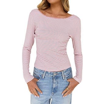Long Sleeve Shirt for Women Backless Striped Tops Going Out T-Shirt Y2K Crop Womens Blouse Boat Neck