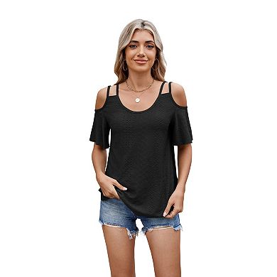 Women Short Sleeve T Shirts Spring Summer Trendy Outfits Cold Shoulder Blouses