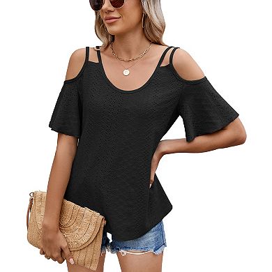 Women Short Sleeve T Shirts Spring Summer Trendy Outfits Cold Shoulder Blouses