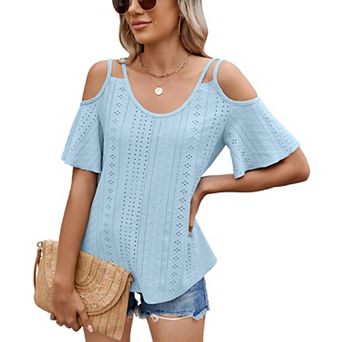 Women Short Sleeve T Shirts Spring Summer Trendy Outfits Cold Shoulder Blouses