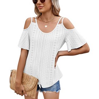 Women Short Sleeve T Shirts Spring Summer Trendy Outfits Cold Shoulder Blouses