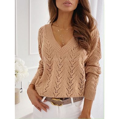 Women's V Neck Crochet Hollow Out Trendy Casual Pullover Sweaters