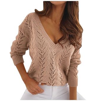 Women's V Neck Crochet Hollow Out Trendy Casual Pullover Sweaters