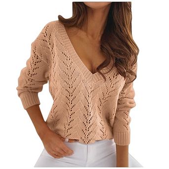 Women's V Neck Crochet Hollow Out Trendy Casual Pullover Sweaters