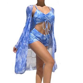 Womens 3 pc Bikini Set Swimsuit Tropical Beach Cover Up Swimwear Suit With High Waist Shorts
