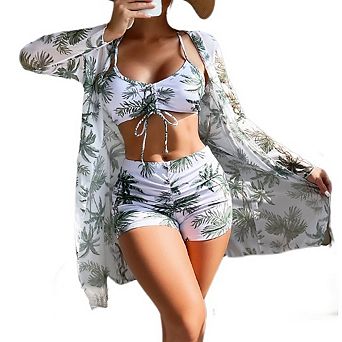 Womens 3 pc Bikini Set Swimsuit Tropical Beach Cover Up Swimwear Suit With High Waist Shorts