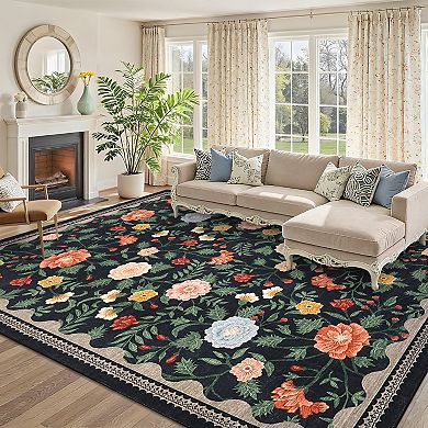 Modern Floral Washable Rugs, Non-Slip Low Pile Boho Carpet for Living Room, Bedroom, Dining