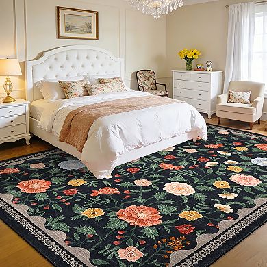 Modern Floral Washable Rugs, Non-Slip Low Pile Boho Carpet for Living Room, Bedroom, Dining