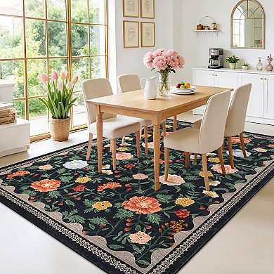 Modern Floral Washable Rugs, Non-Slip Low Pile Boho Carpet for Living Room, Bedroom, Dining