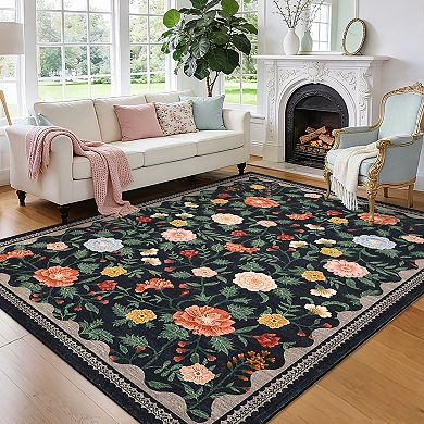 Modern Floral Washable Rugs, Non-Slip Low Pile Boho Carpet for Living Room, Bedroom, Dining
