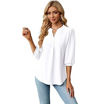 Women's Summer Jacquard Blouses 3/4 Length Sleeve Business Tops Dressy Casual V Neck T-Shirts