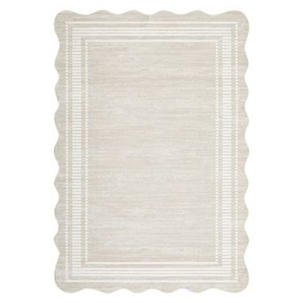 Washable Scalloped Rug - Stain Resistant Non-Slip Low Pile Carpet for Living Room, Bedroom, Dining