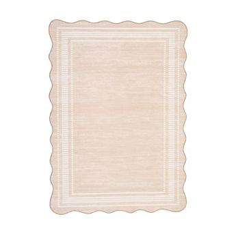 Washable Scalloped Rug - Stain Resistant Non-Slip Low Pile Carpet for Living Room, Bedroom, Dining
