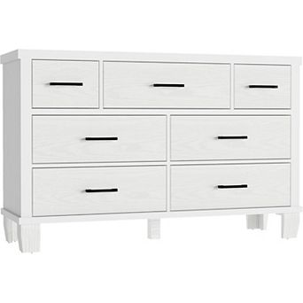 Modern wooden dresser with metal handles for bedroom/living room storage.