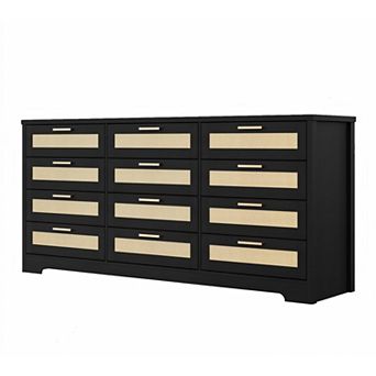 12-Drawer Rattan & Wood Dresser with Rattan Panels. A Modern Storage Organizer for Any Room.