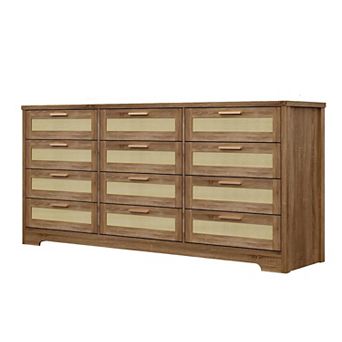 12-Drawer Rattan & Wood Dresser with Rattan Panels. A Modern Storage Organizer for Any Room.