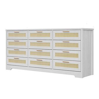 12-Drawer Rattan & Wood Dresser with Rattan Panels. A Modern Storage Organizer for Any Room.
