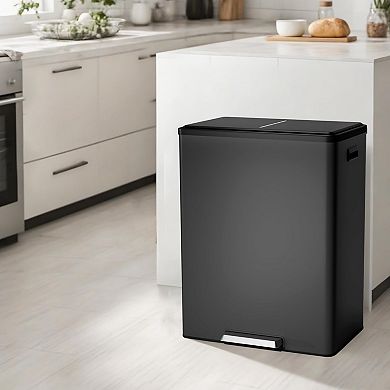 16 Gallon/60L Dual Compartment Trash Can, Stainless Steel Step Recycling Bin