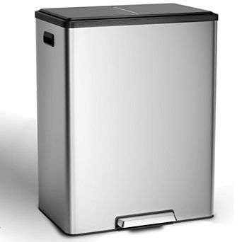 16 Gallon/60L Dual Compartment Trash Can, Stainless Steel Step Recycling Bin