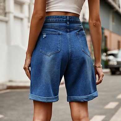 Women's Casual Wide Leg High Rise Rolled Hem Jeans Shorts