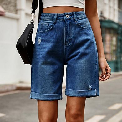 Women's Casual Wide Leg High Rise Rolled Hem Jeans Shorts