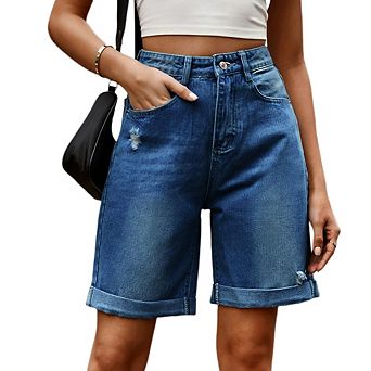 Women's Casual Wide Leg High Rise Rolled Hem Jeans Shorts