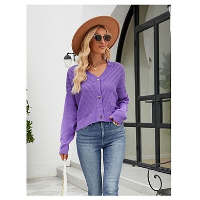 Womens V-Neck Open Front Cardigan Sweaters Long Sleeve Knitted Button Cropped Tops