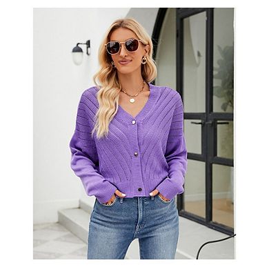 Womens V-Neck Open Front Cardigan Sweaters Long Sleeve Knitted Button Cropped Tops