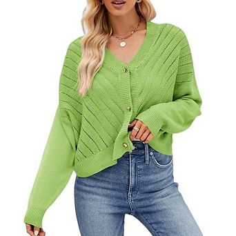 Womens V-Neck Open Front Cardigan Sweaters Long Sleeve Knitted Button Cropped Tops