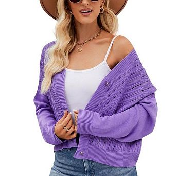 Womens V-Neck Open Front Cardigan Sweaters Long Sleeve Knitted Button Cropped Tops