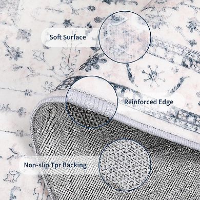 Washable Vintage Distressed Rug, Traditional Medallion Soft Non-Slip Carpet for Home & Office