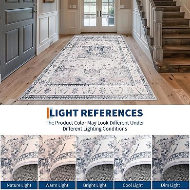 Washable Vintage Distressed Rug, Traditional Medallion Soft Non-Slip Carpet for Home & Office