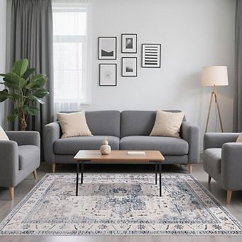 Washable Vintage Distressed Rug, Traditional Medallion Soft Non-Slip Carpet for Home & Office