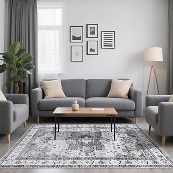 Washable Vintage Distressed Rug, Traditional Medallion Soft Non-Slip Carpet for Home & Office