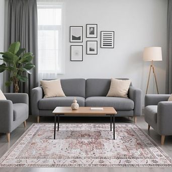 Washable Vintage Distressed Rug, Traditional Medallion Soft Non-Slip Carpet for Home & Office