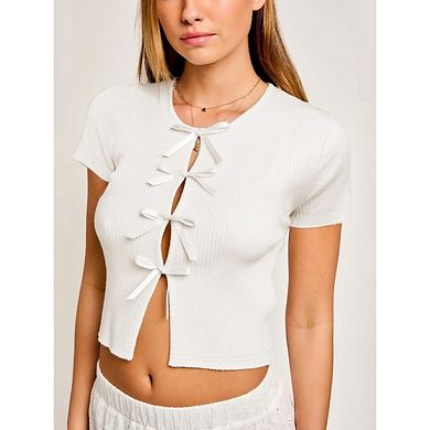 Women's Tie Front Long Sleeve Rib Knit Shrug Sweaters Cardigan