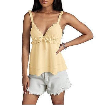 Women Lace Camisole Sleeveless Lace Trim Crop Cami Top Slim Fitted Spaghetti Strap Bow Tie Tank Top