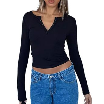 Womens Long Sleeve Shirts V Neck Henley Tops Slim Fit Basic Going Out T-Shirts Fashion Outfits
