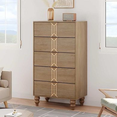 5 deep-drawer wooden dresser with vintage design for the bedroom.